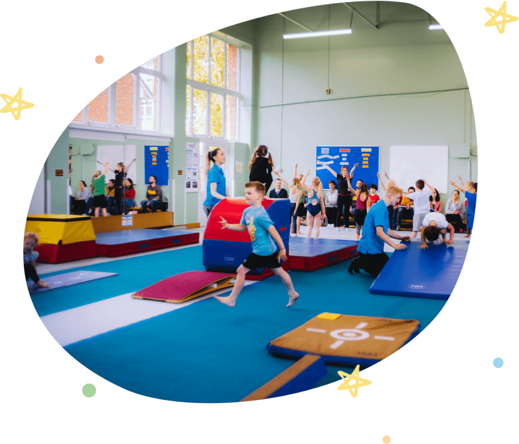 Busy gymnastics class at Flair gymnastics club in Farnham